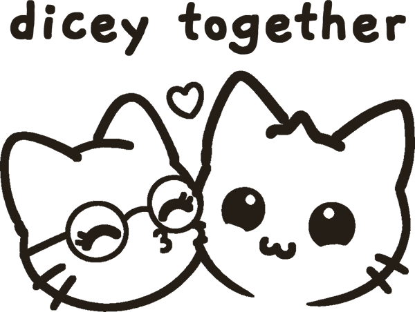 The dicey together mark: Pip kissing Dot’s cheek, in black lines, under the words dicey together