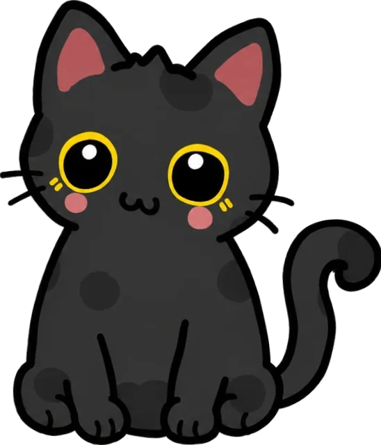 Dot, a black cat with big yellow-ringed eyes and a curly tail, sitting up