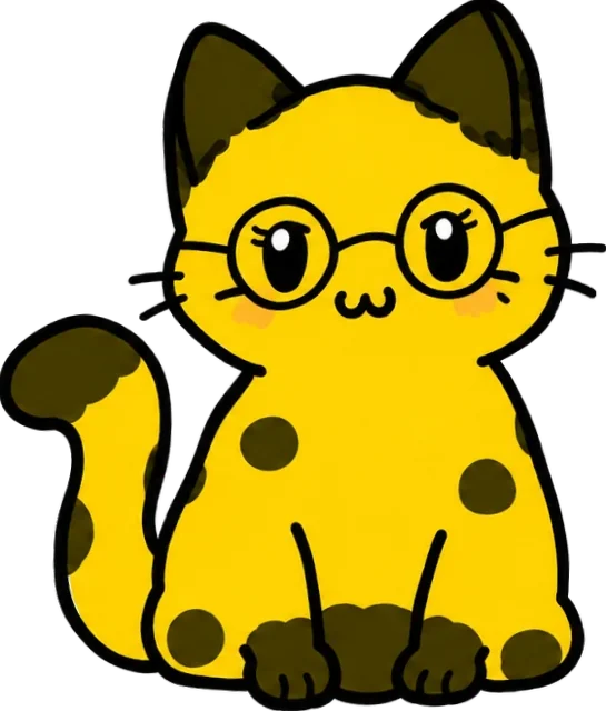Pip, a lemon-yellow cat with dark spots and round glasses, sitting up